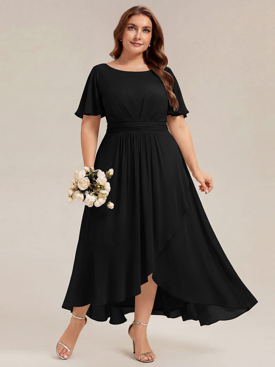 Ruched Chiffon Ruffle Sleeve Dress #color_Black