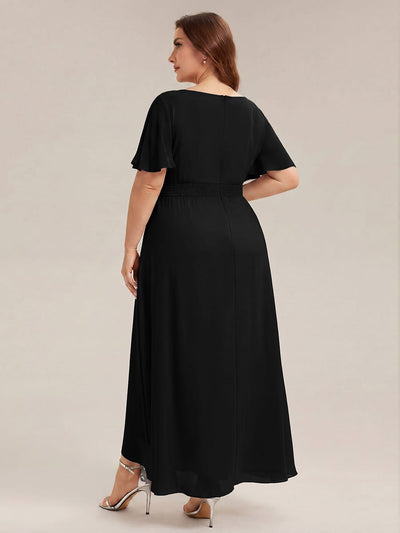 pretty SAGE|Plus Size Ruched Chiffon Ruffle Sleeve Wedding Guest Dress