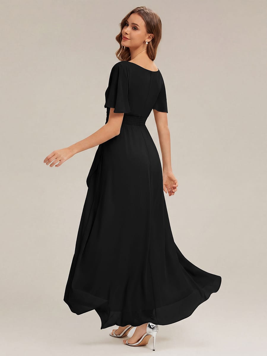 Ruched Chiffon Ruffle Sleeve Dress #color_Black