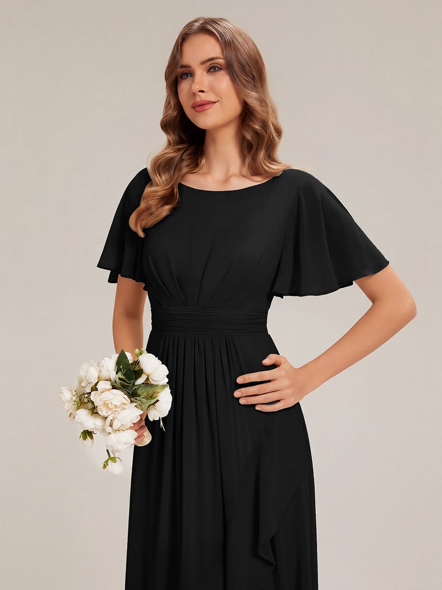 Ruched Chiffon Ruffle Sleeve Dress #color_Black
