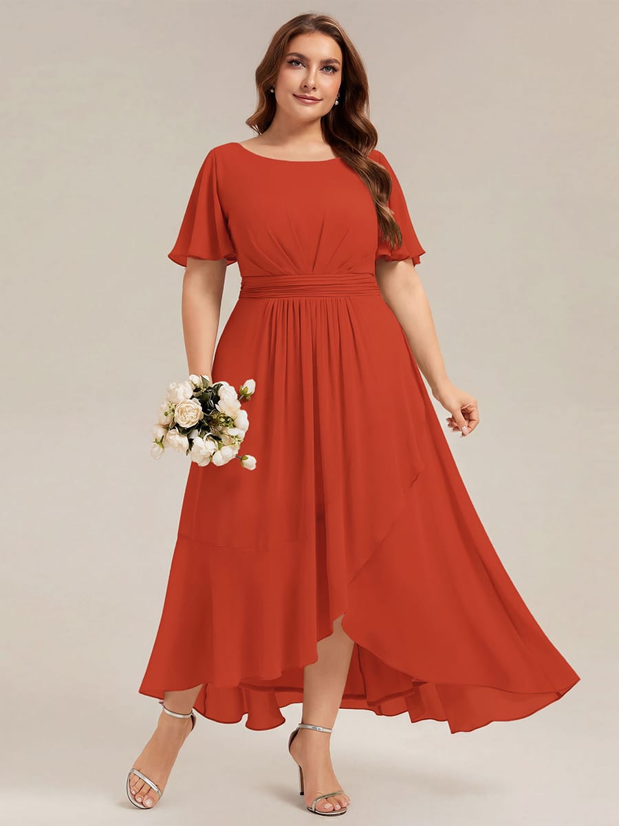 Ruched Chiffon Ruffle Sleeve Dress #color_Burnt Orange