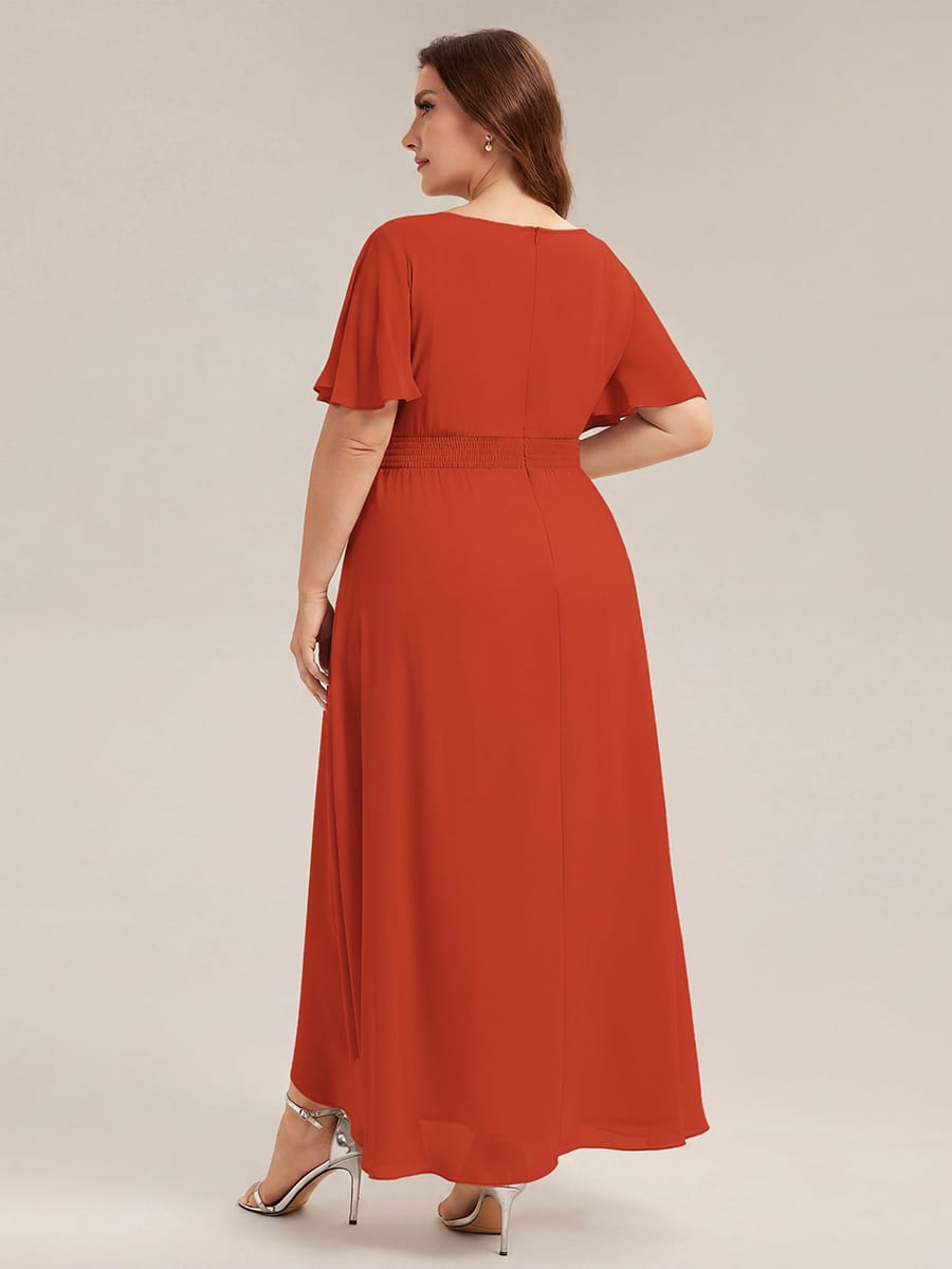 Ruched Chiffon Ruffle Sleeve Dress #color_Burnt Orange