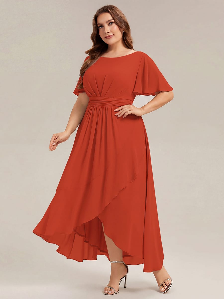 Ruched Chiffon Ruffle Sleeve Dress #color_Burnt Orange
