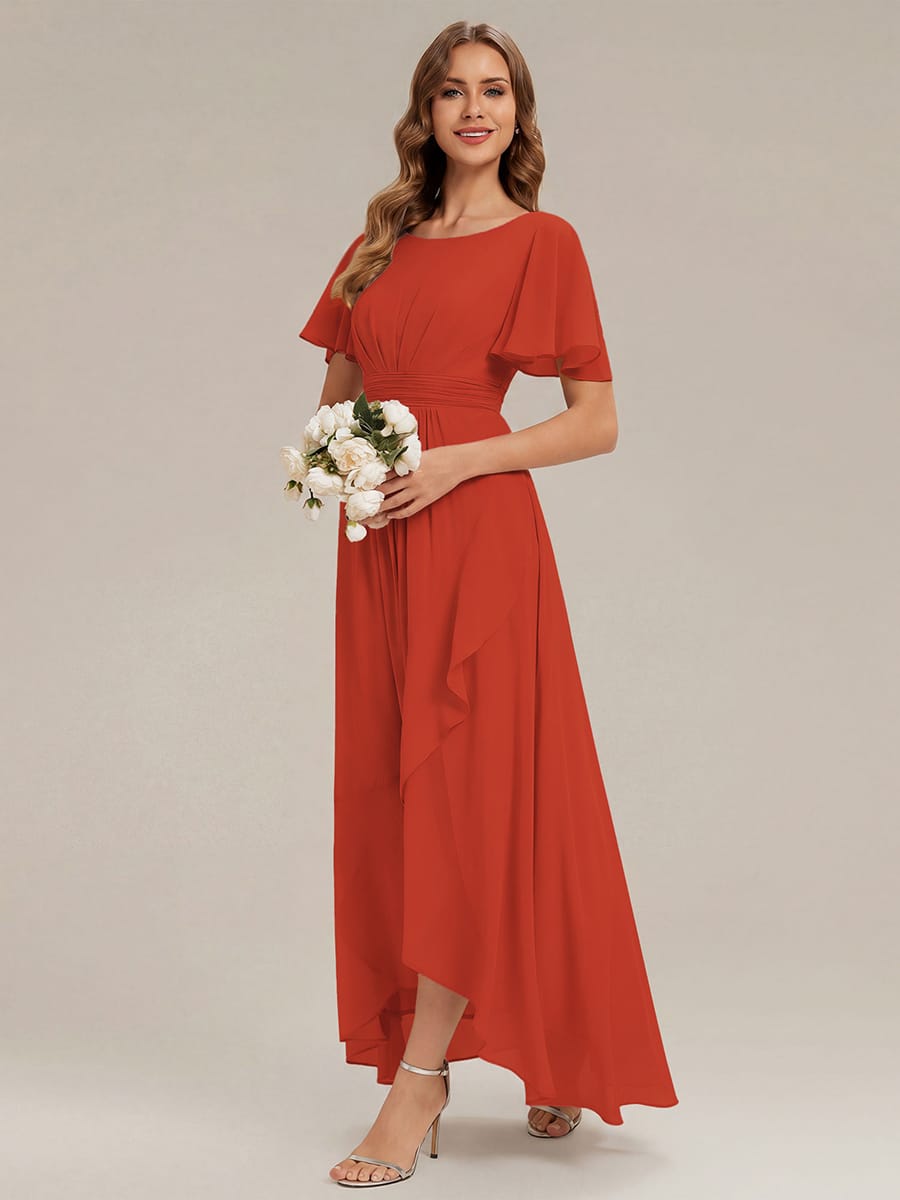 Ruched Chiffon Ruffle Sleeve Dress #color_Burnt Orange