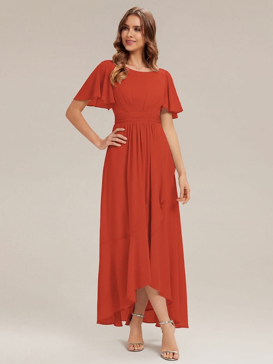 Ruched Chiffon Ruffle Sleeve Dress #color_Burnt Orange