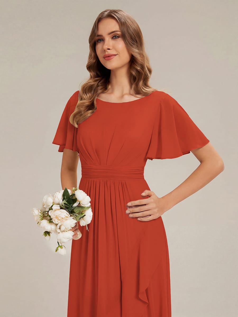 Ruched Chiffon Ruffle Sleeve Dress #color_Burnt Orange