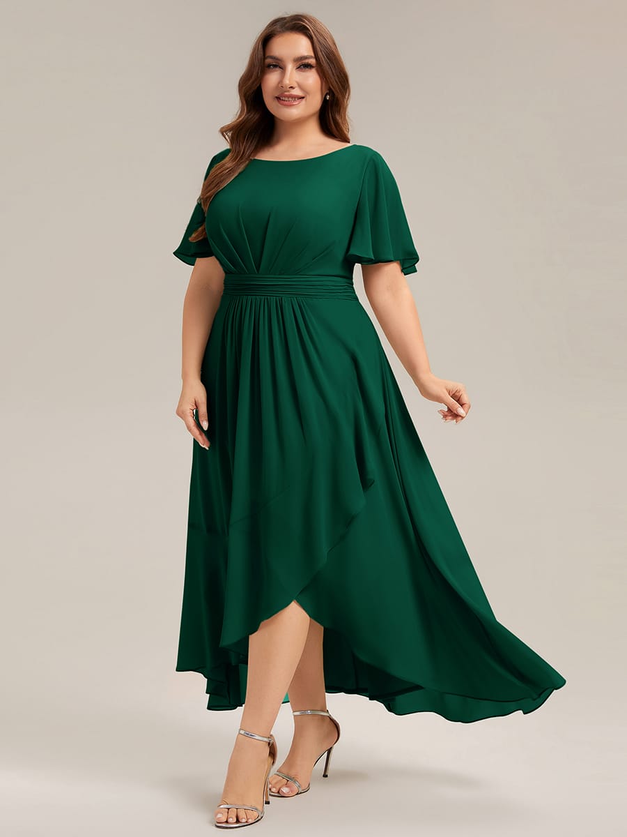 Ruched Chiffon Ruffle Sleeve Dress #color_Dark Green