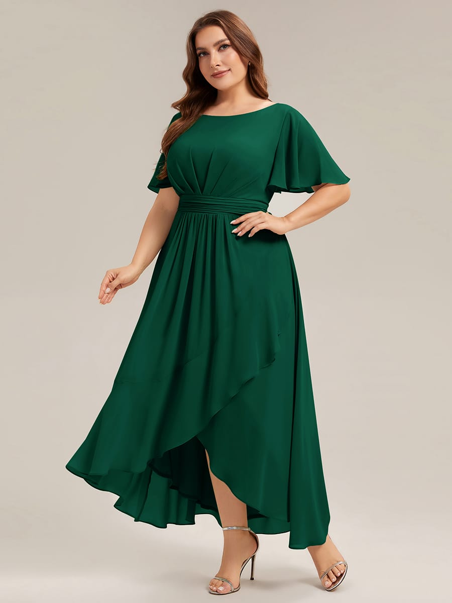 Ruched Chiffon Ruffle Sleeve Dress #color_Dark Green