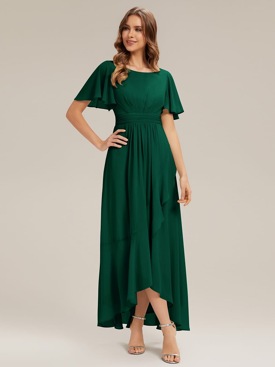 Ruched Chiffon Ruffle Sleeve Dress #color_Dark Green