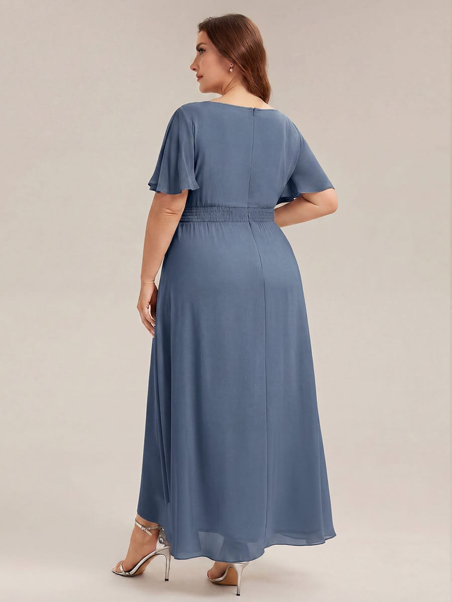 Ruched Chiffon Ruffle Sleeve Dress #color_Dusty Blue