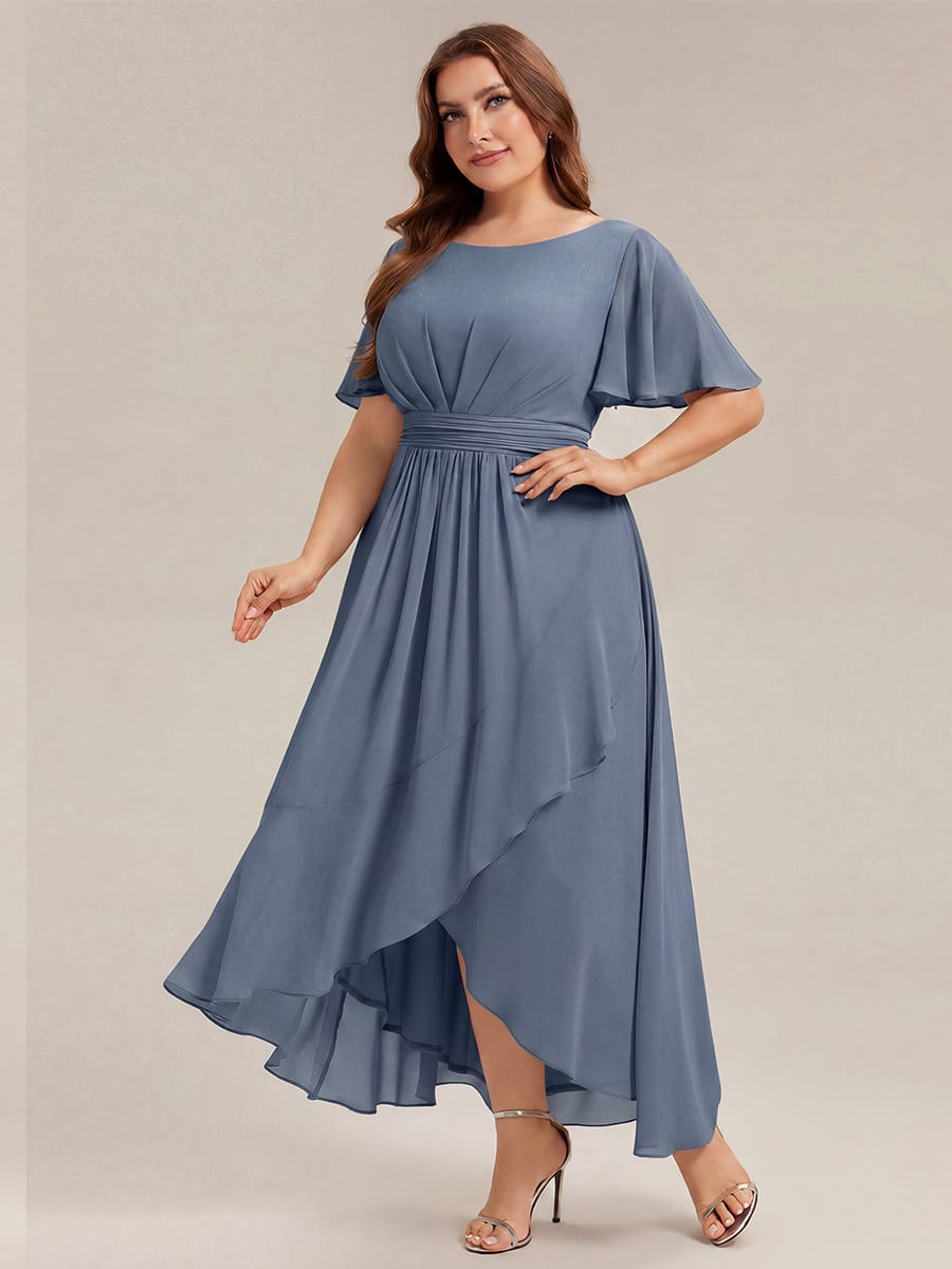 Ruched Chiffon Ruffle Sleeve Dress #color_Dusty Blue