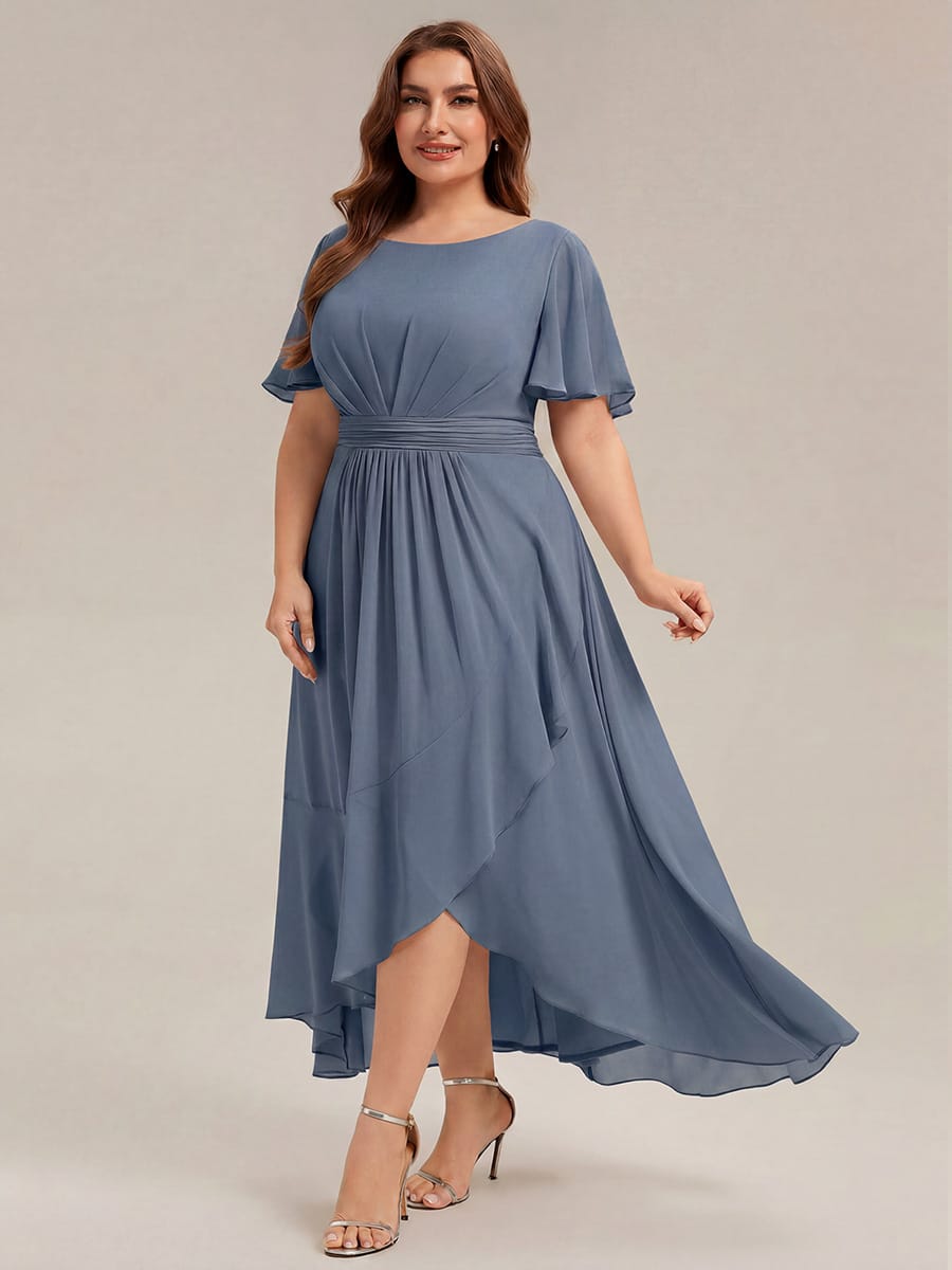 Ruched Chiffon Ruffle Sleeve Dress #color_Dusty Blue