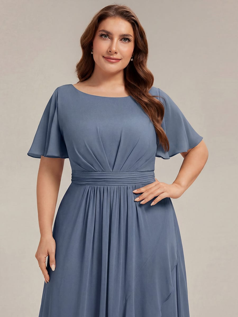 Ruched Chiffon Ruffle Sleeve Dress #color_Dusty Blue