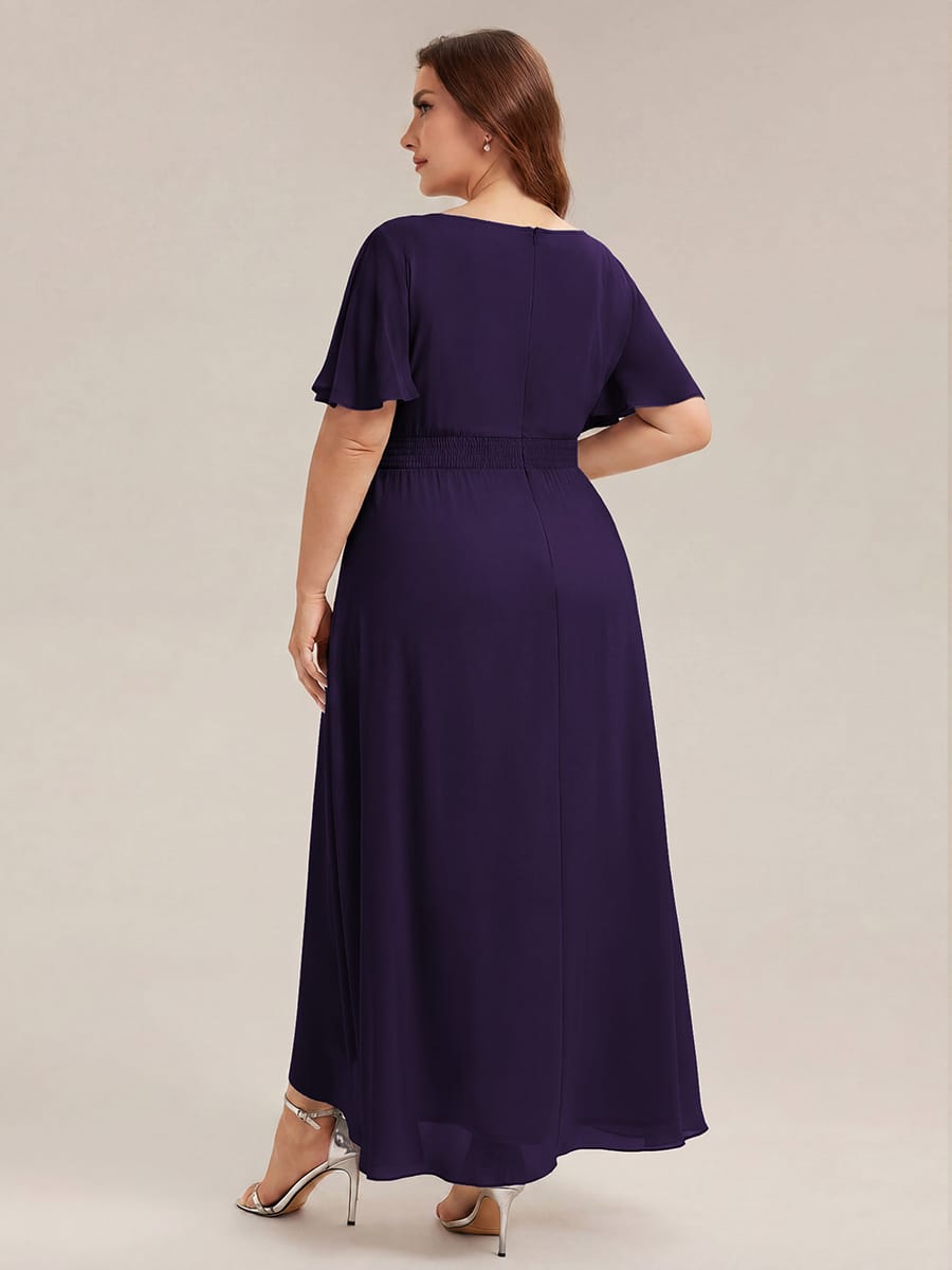 Ruched Chiffon Ruffle Sleeve Dress #color_Dark Purple