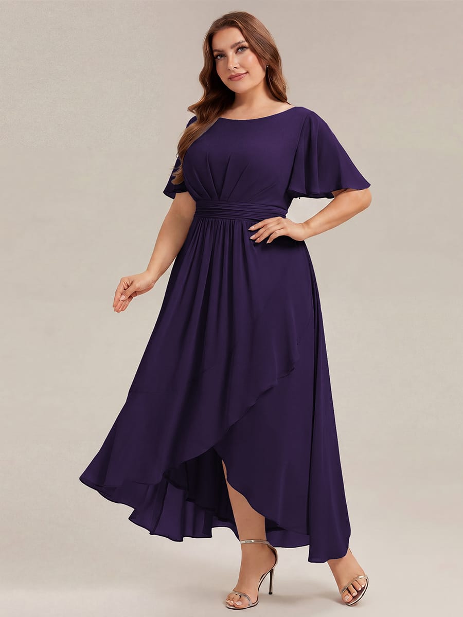 Ruched Chiffon Ruffle Sleeve Dress #color_Dark Purple
