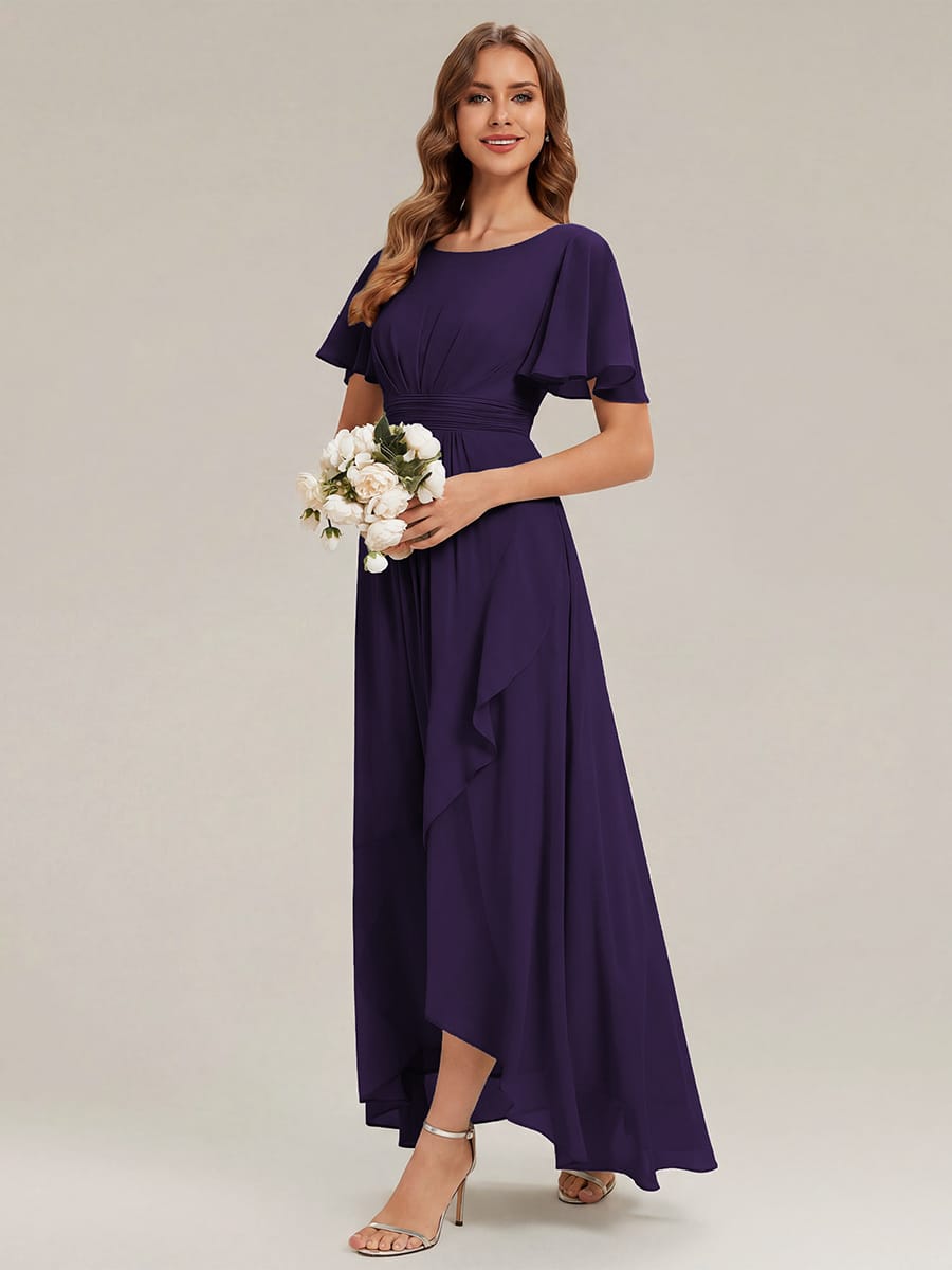 Ruched Chiffon Ruffle Sleeve Dress #color_Dark Purple