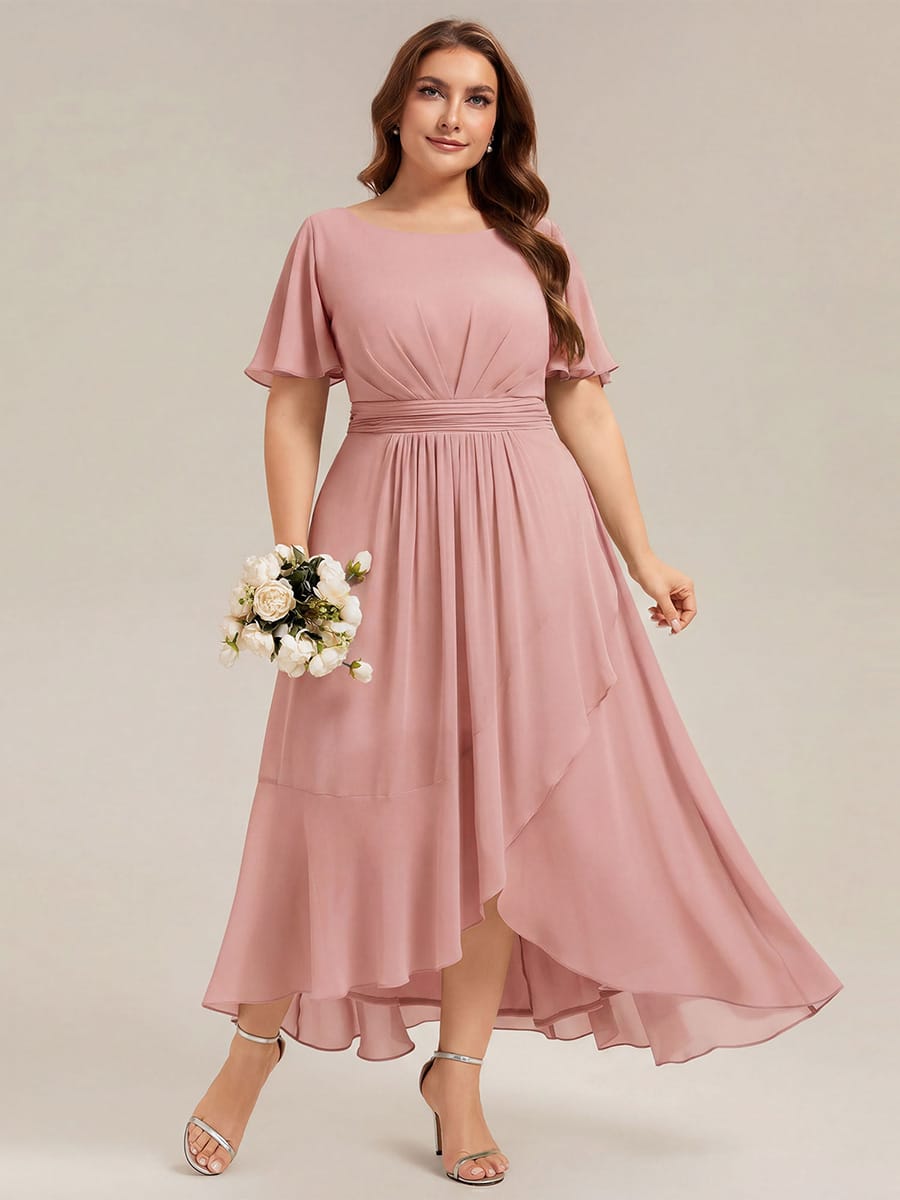 Ruched Chiffon Ruffle Sleeve Dress #color_Dusty Rose