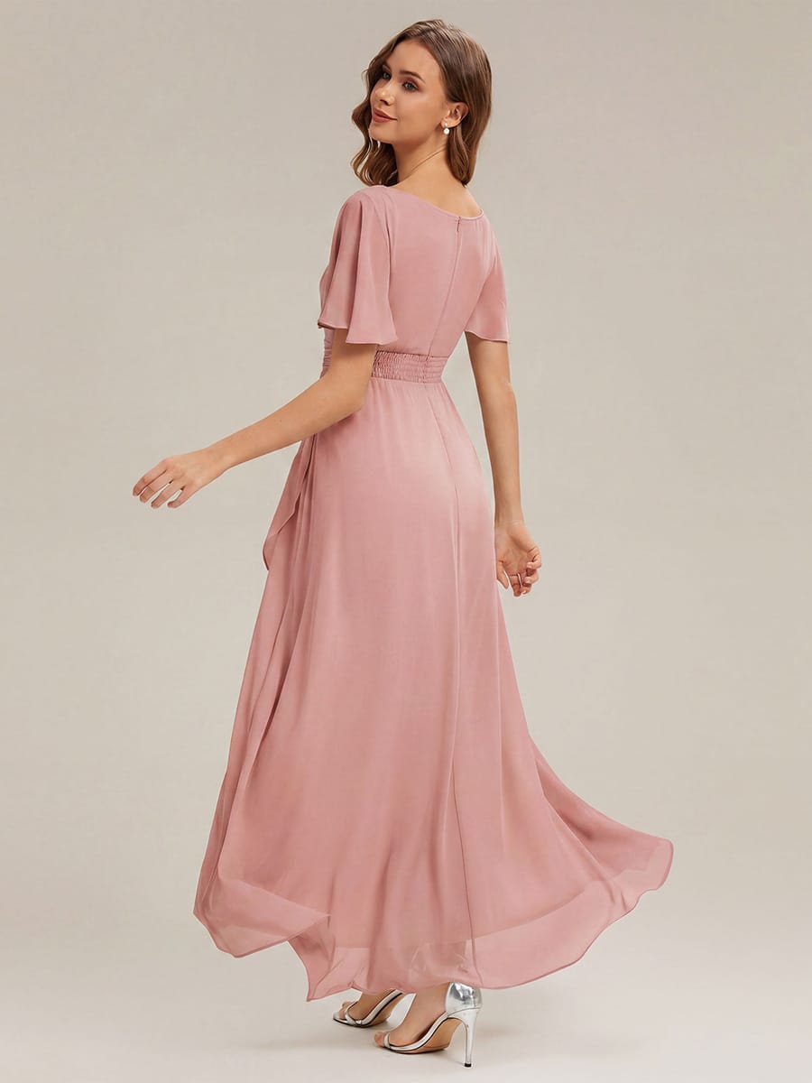 Ruched Chiffon Ruffle Sleeve Dress #color_Dusty Rose