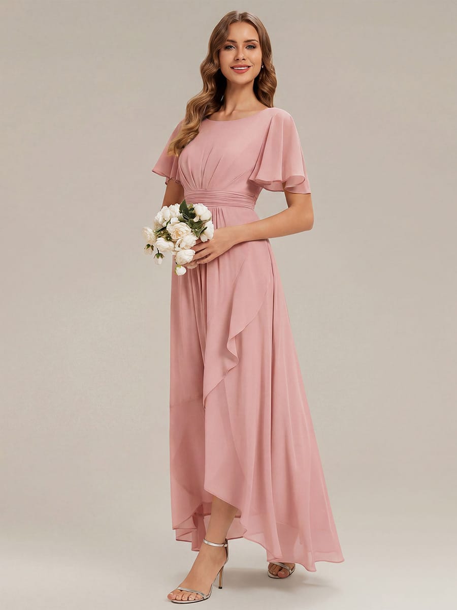 Ruched Chiffon Ruffle Sleeve Dress #color_Dusty Rose