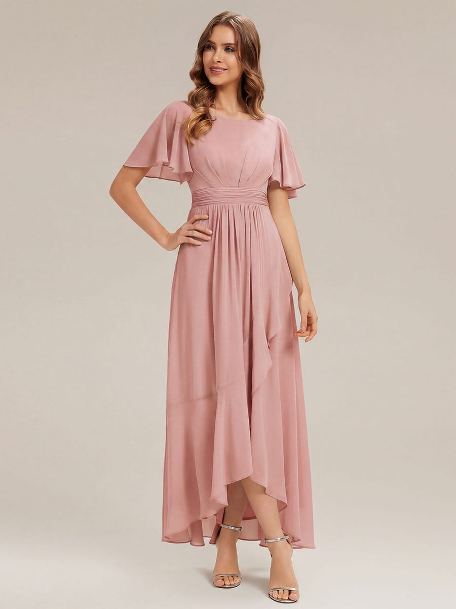 Ruched Chiffon Ruffle Sleeve Dress #color_Dusty Rose