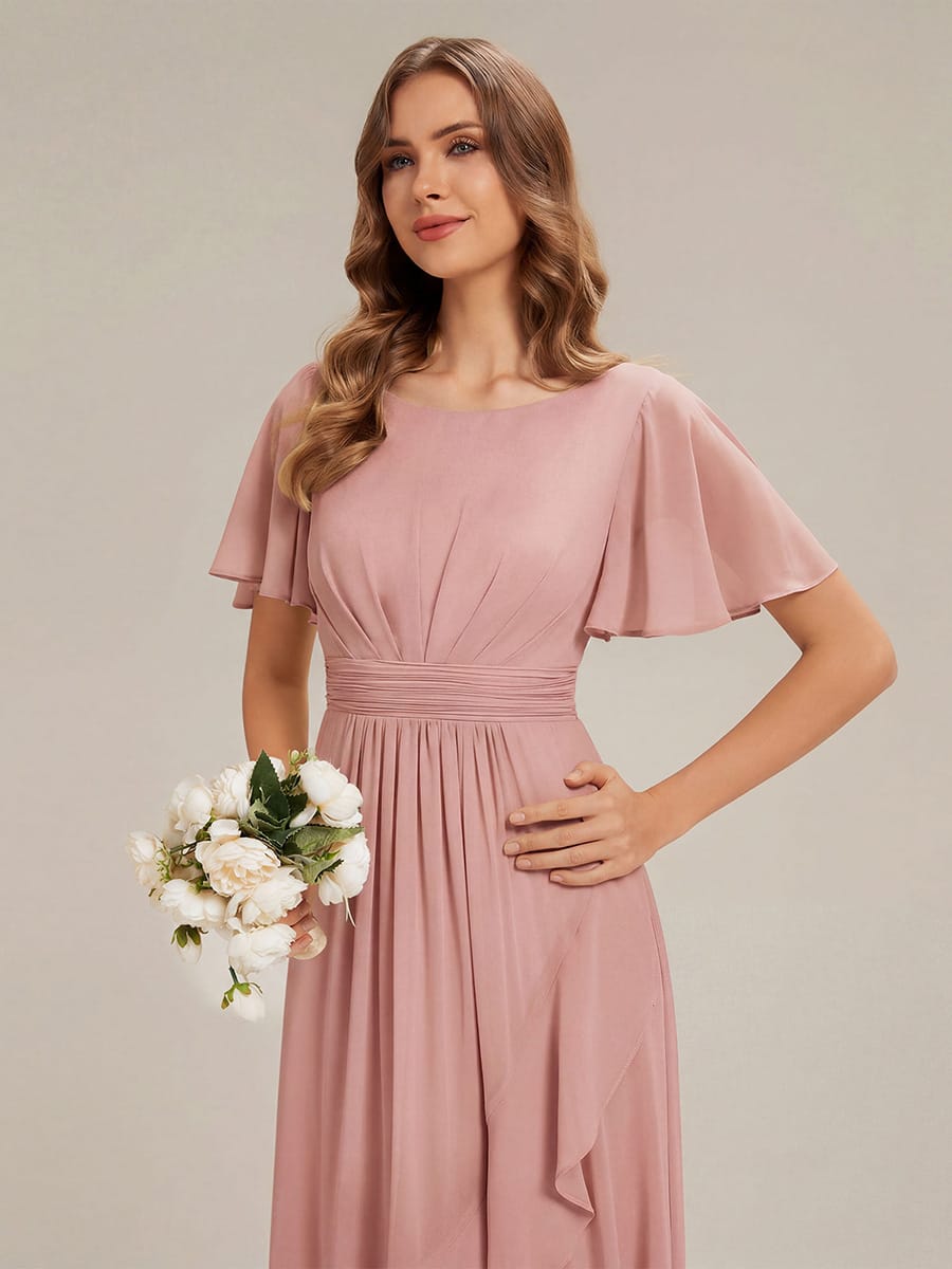 Ruched Chiffon Ruffle Sleeve Dress #color_Dusty Rose