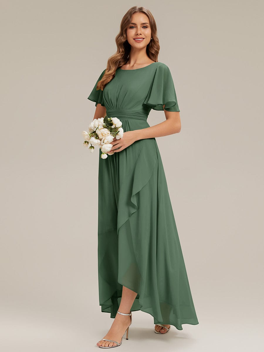 Ruched Chiffon Ruffle Sleeve Dress #color_Eucalyptus Green