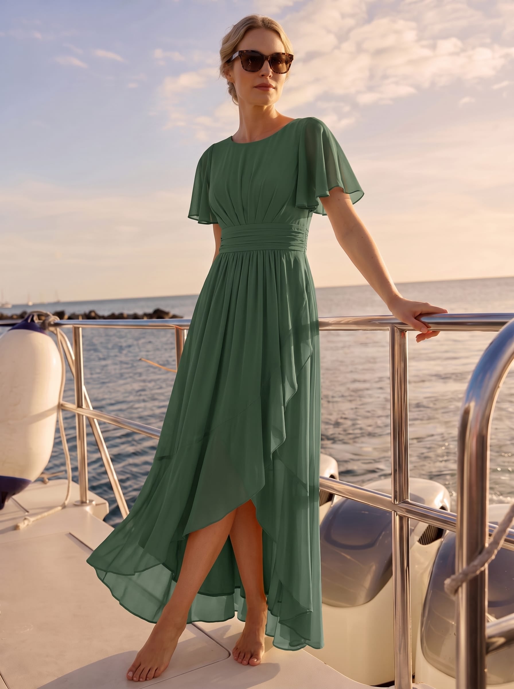 Ruched Chiffon Ruffle Sleeve Dress #color_Eucalyptus Green