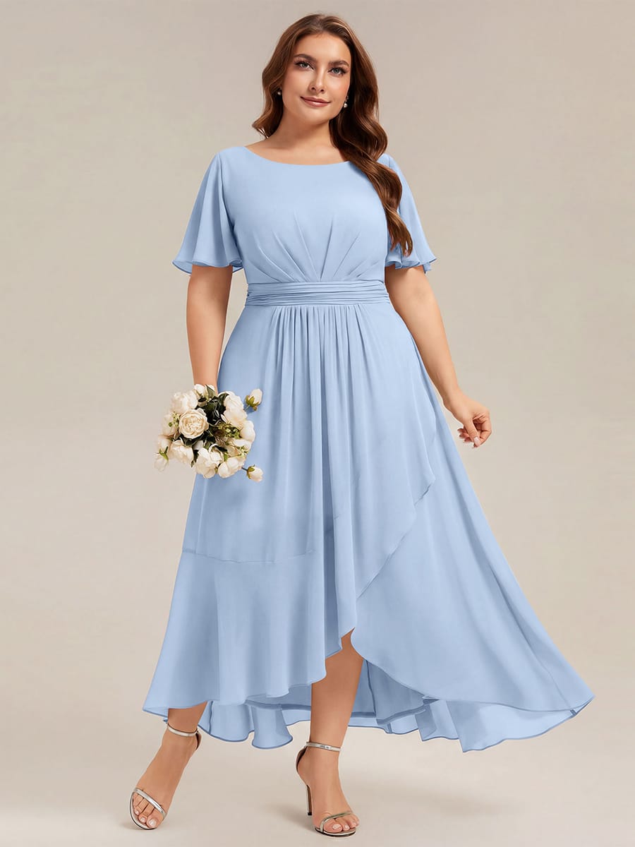Ruched Chiffon Ruffle Sleeve Dress #color_Ice Blue
