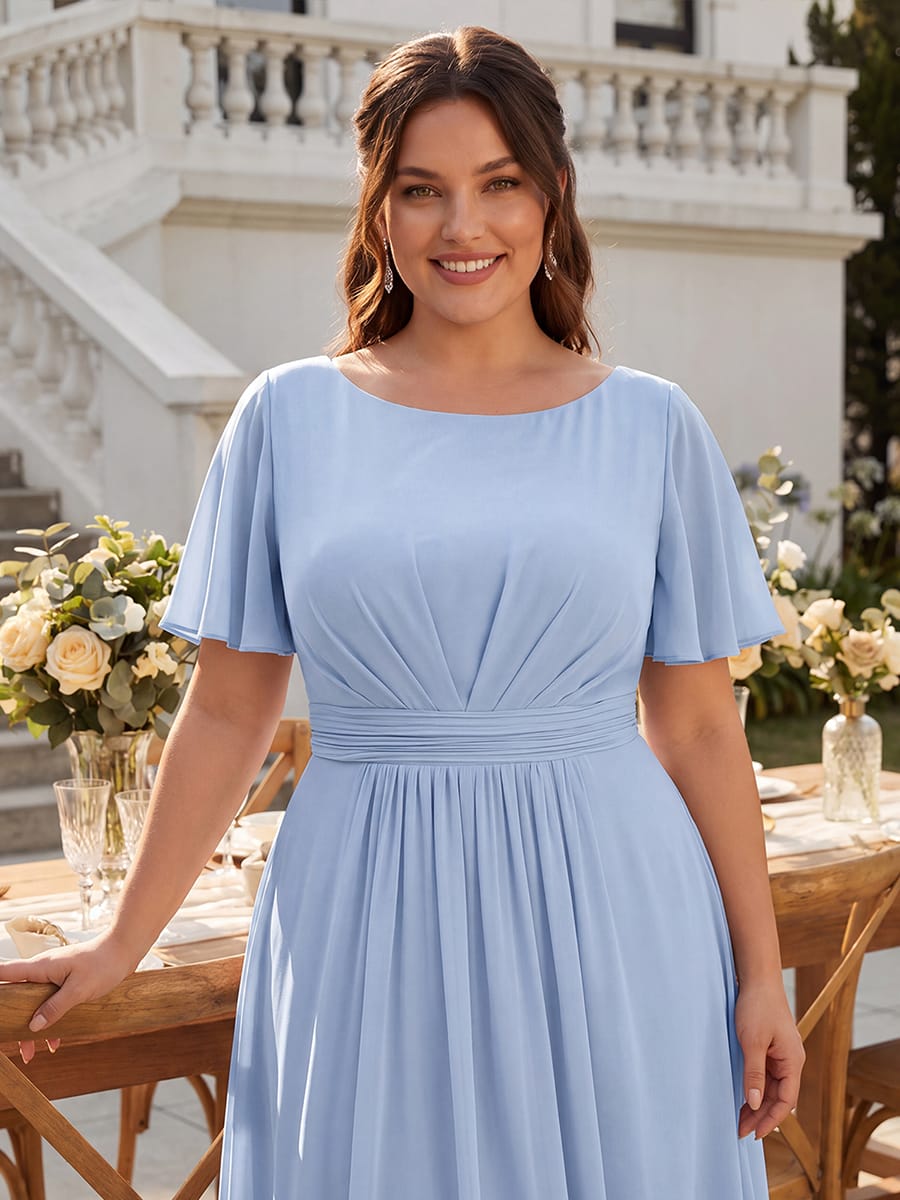 Ruched Chiffon Ruffle Sleeve Dress #color_Ice Blue