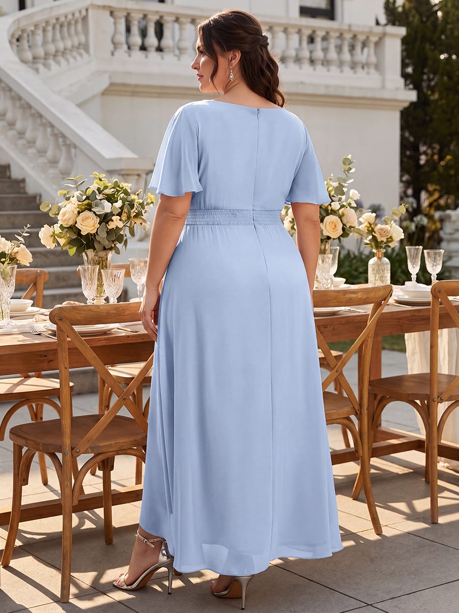 Ruched Chiffon Ruffle Sleeve Dress #color_Ice Blue
