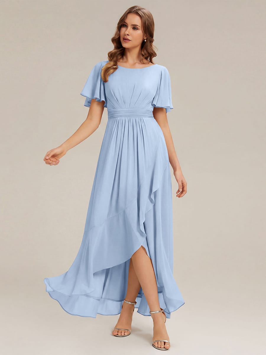 Ruched Chiffon Ruffle Sleeve Dress #color_Ice Blue