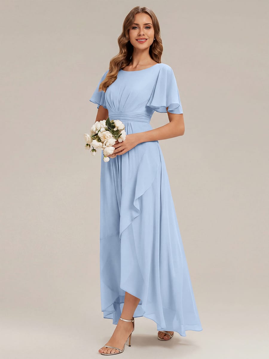 Ruched Chiffon Ruffle Sleeve Dress #color_Ice Blue