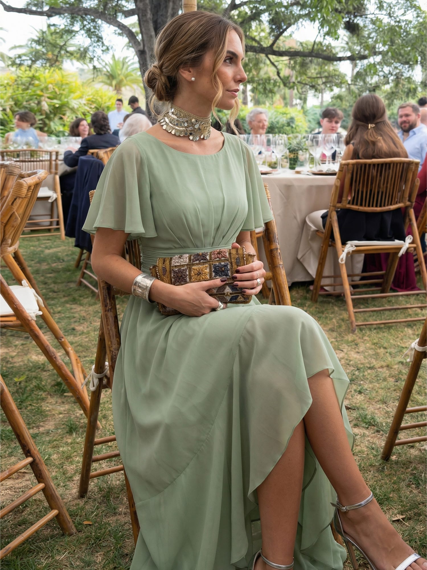 Ruched Chiffon Ruffle Sleeve Dress #color_Mint Green