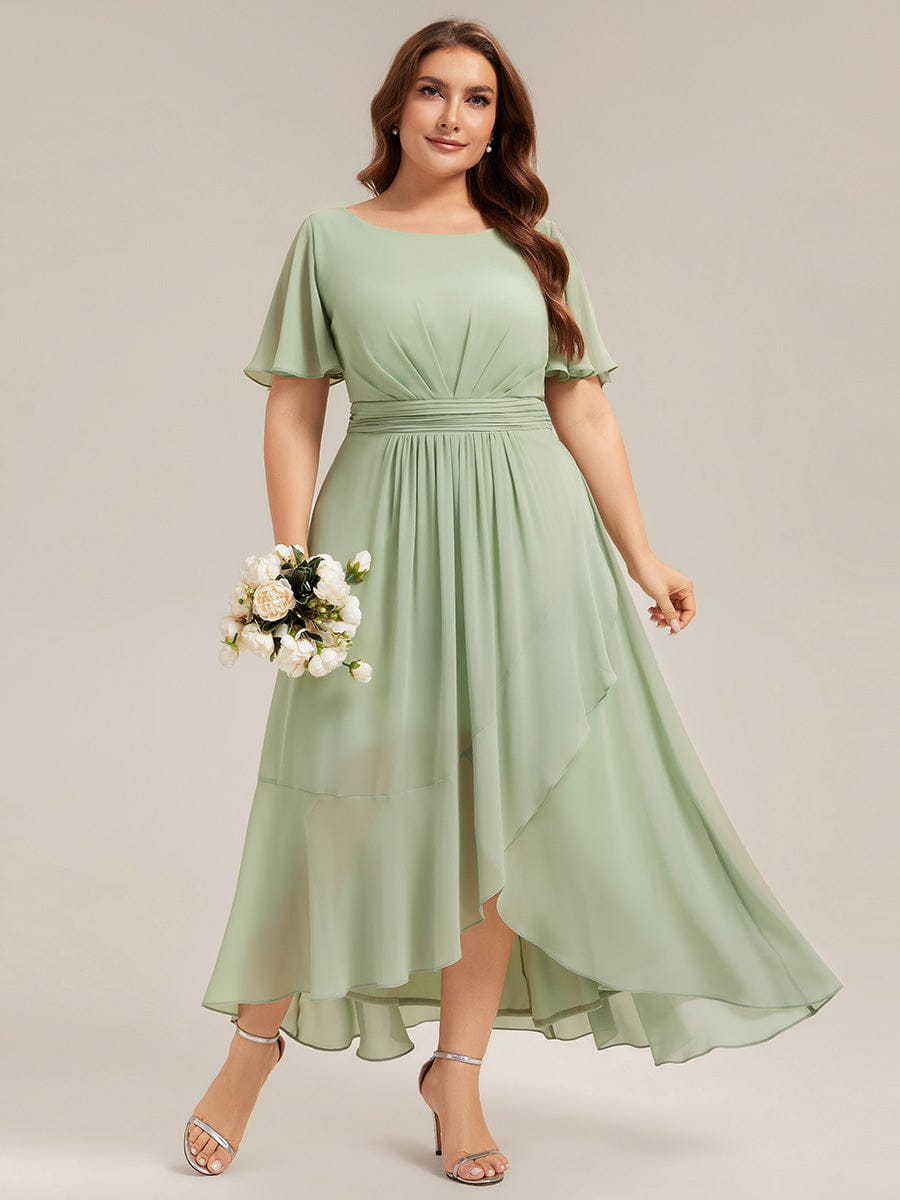 Ruched Chiffon Ruffle Sleeve Dress #color_Mint Green