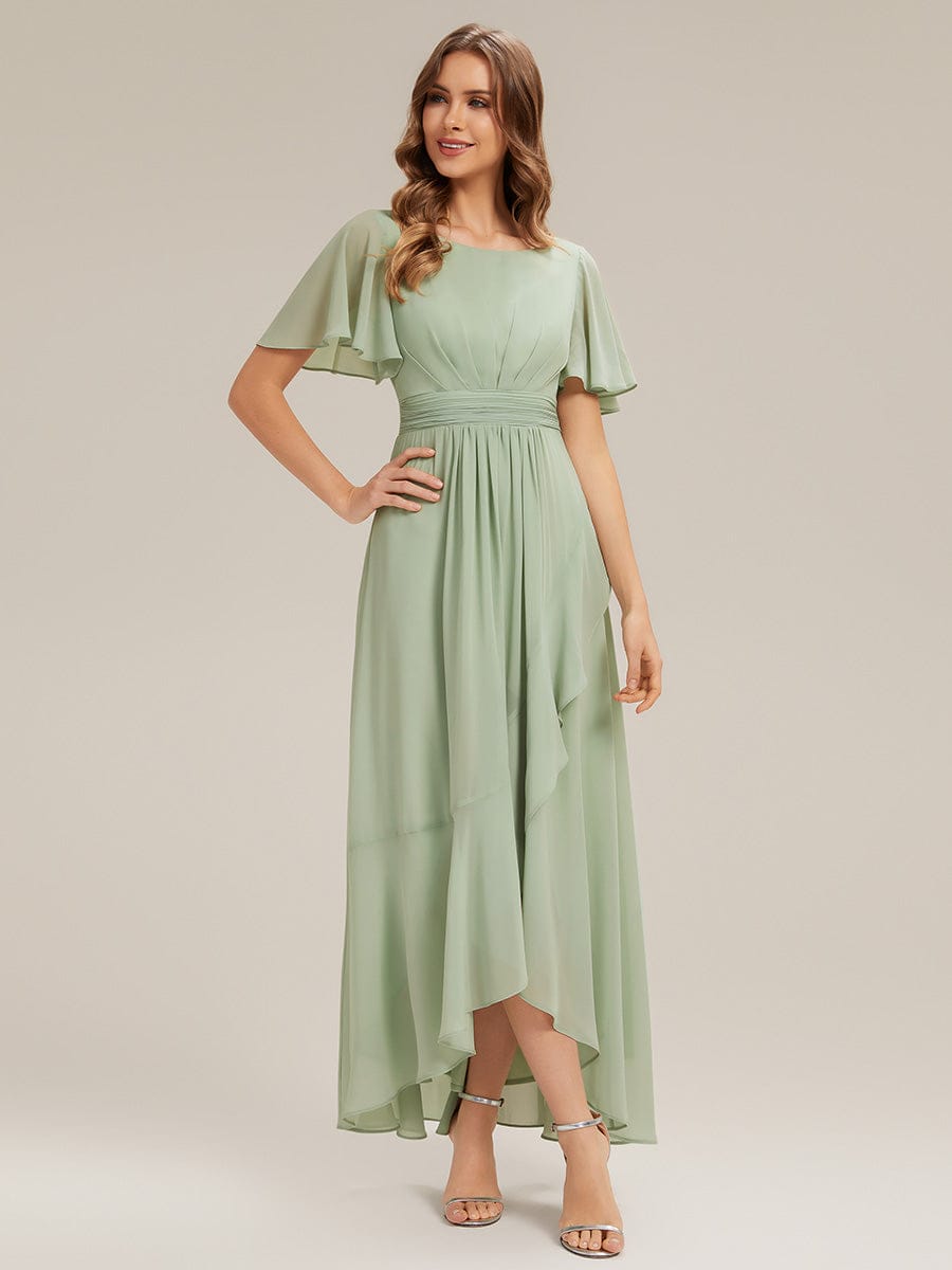 Ruched Chiffon Ruffle Sleeve Dress #color_Mint Green