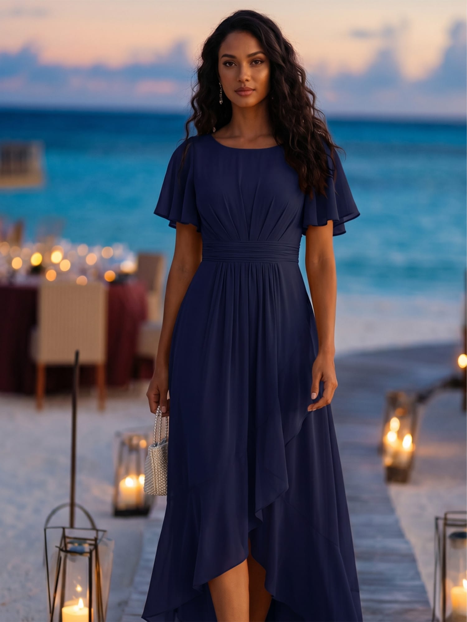 Ruched Chiffon Ruffle Sleeve Dress #color_Navy Blue