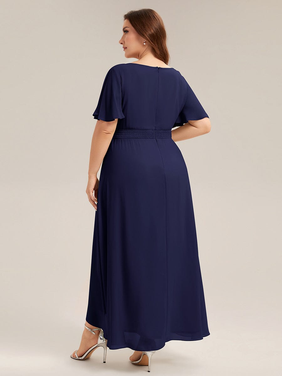 Ruched Chiffon Ruffle Sleeve Dress #color_Navy Blue