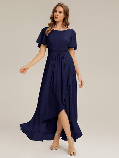 Ruched Chiffon Ruffle Sleeve Dress #color_Navy Blue