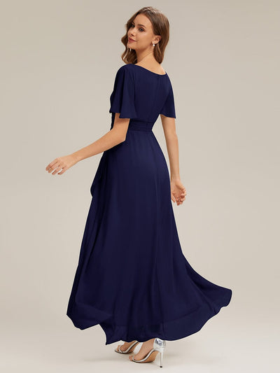 Ruched Chiffon Ruffle Sleeve Dress #color_Navy Blue