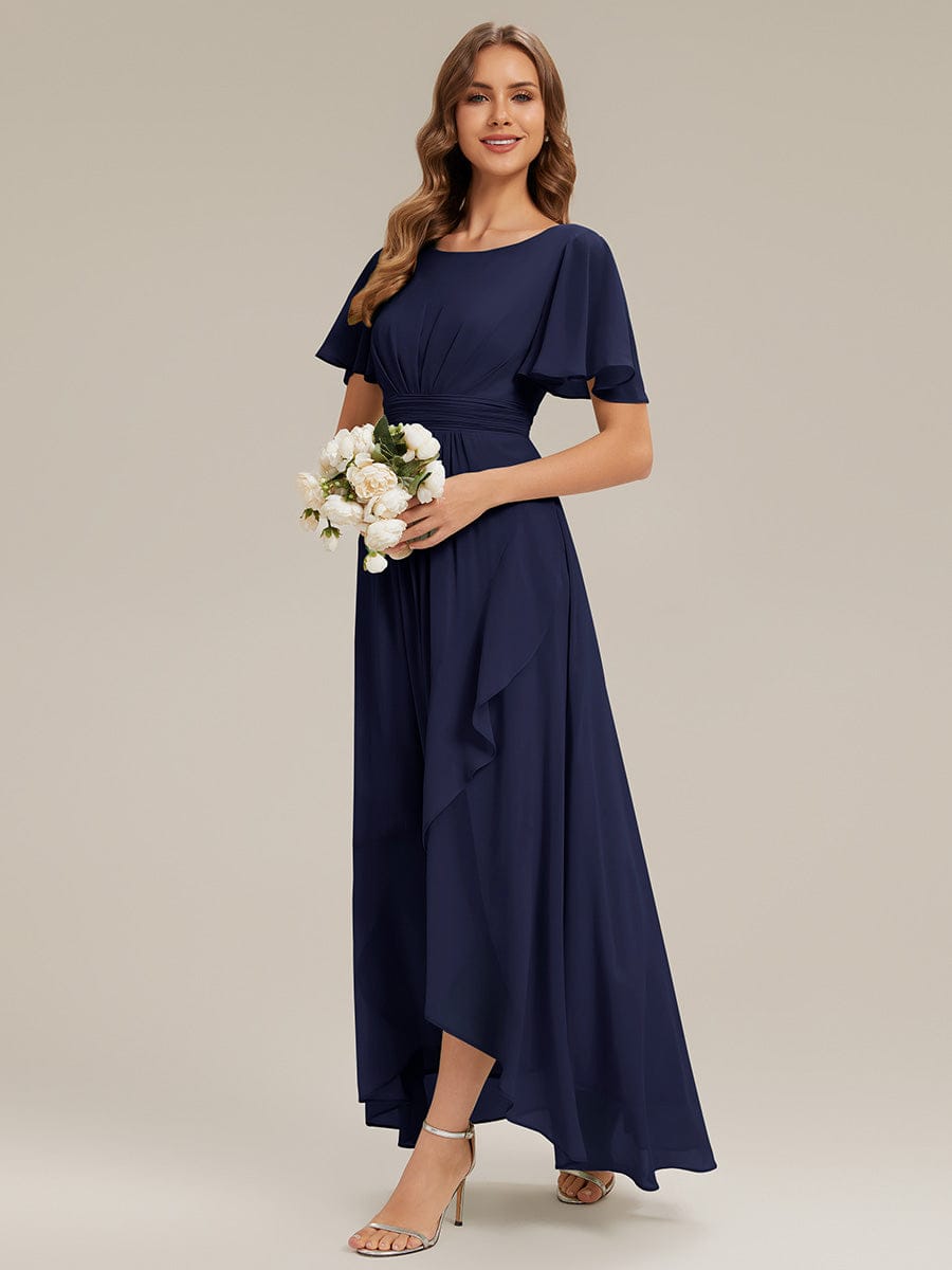 Ruched Chiffon Ruffle Sleeve Dress #color_Navy Blue