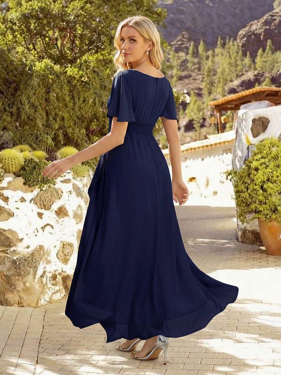 Ruched Chiffon Ruffle Sleeve Dress #color_Navy Blue