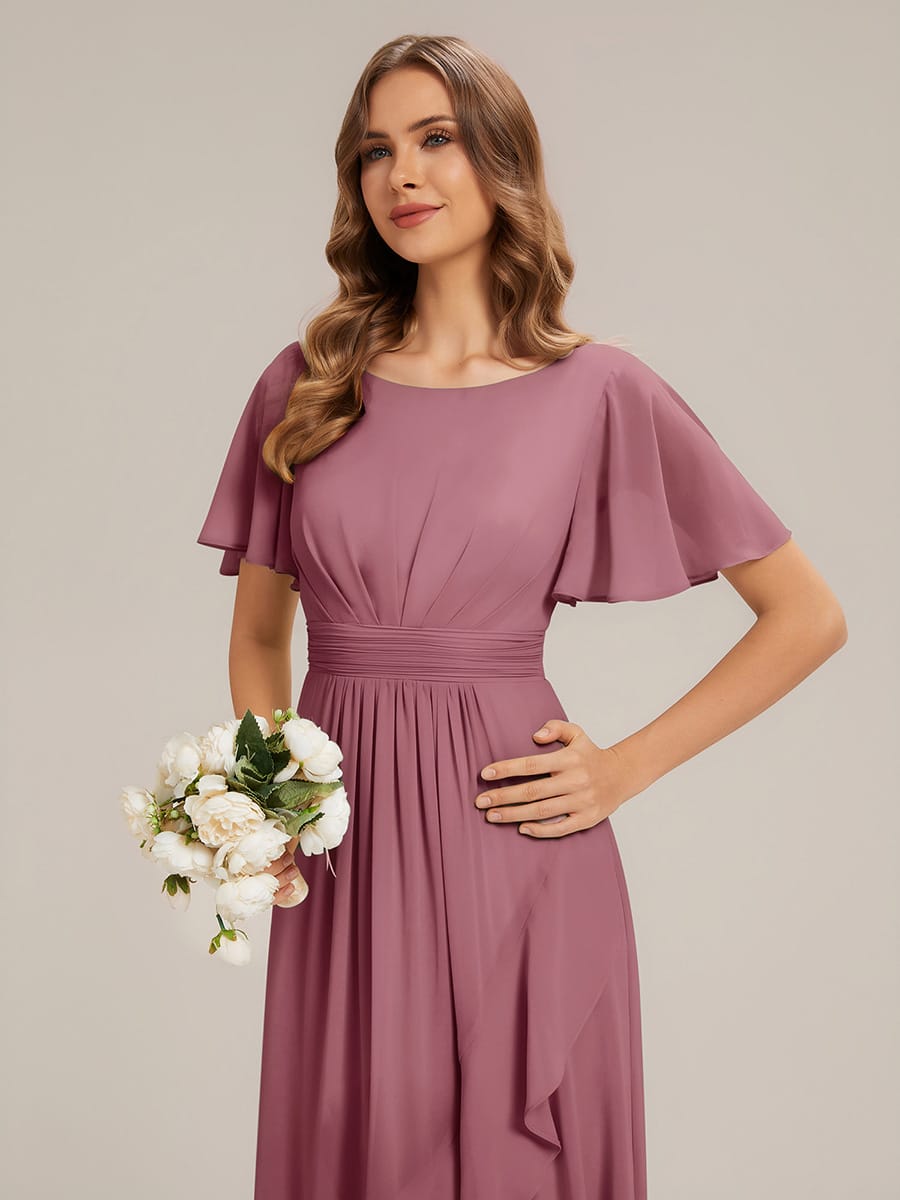 Ruched Chiffon Ruffle Sleeve Dress #color_Purple Orchid