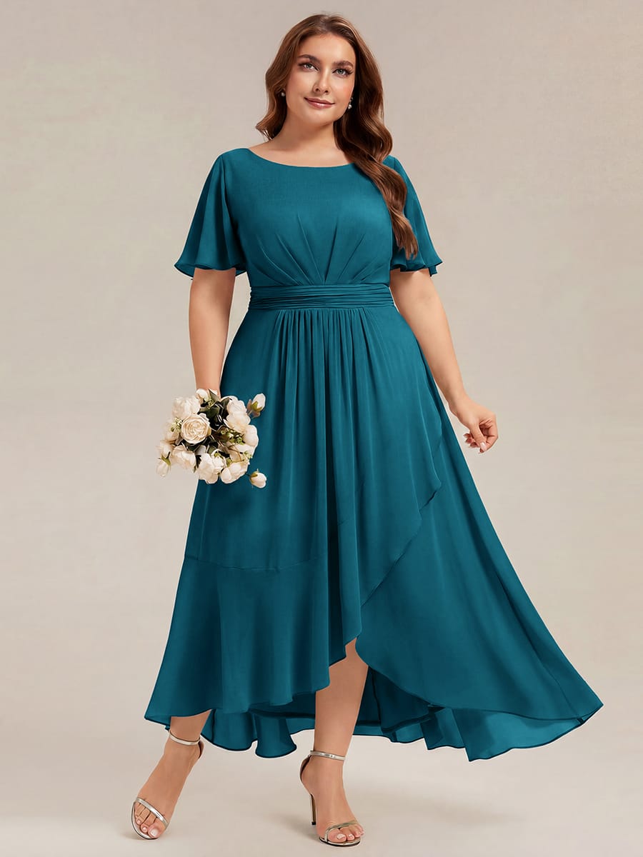 Ruched Chiffon Ruffle Sleeve Dress #color_Teal Blue