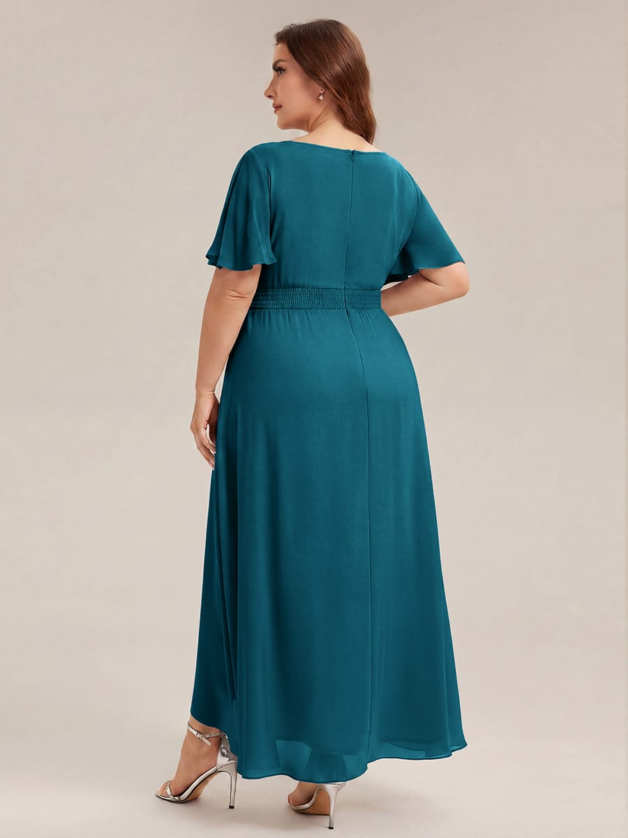 Ruched Chiffon Ruffle Sleeve Dress #color_Teal Blue