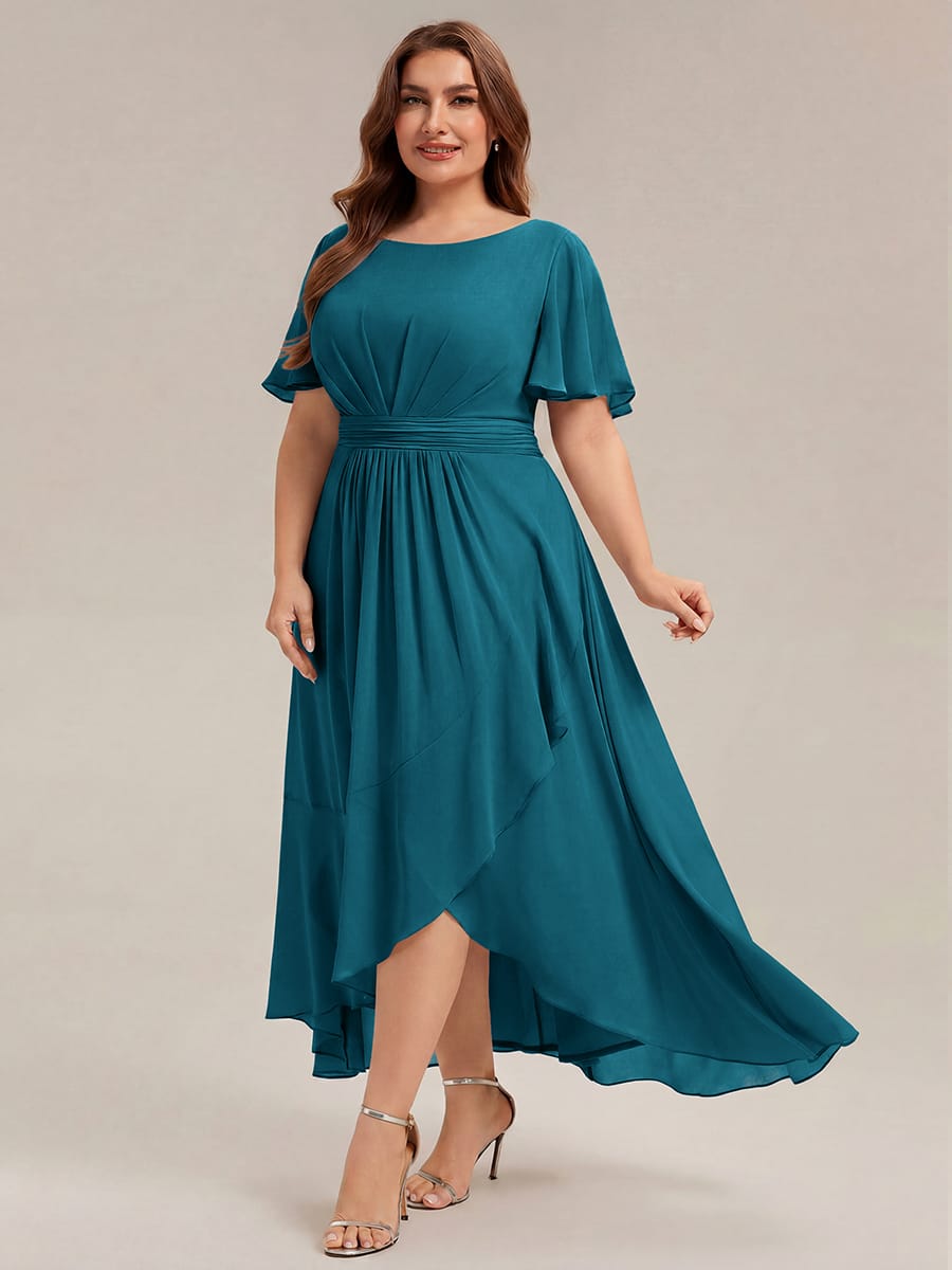 Ruched Chiffon Ruffle Sleeve Dress #color_Teal Blue