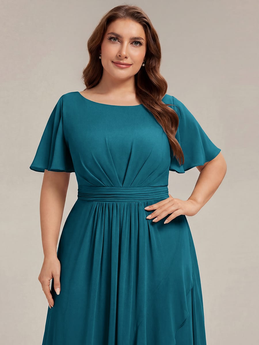 Ruched Chiffon Ruffle Sleeve Dress #color_Teal Blue