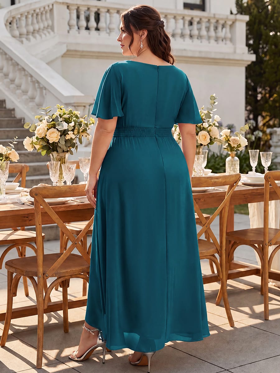 Ruched Chiffon Ruffle Sleeve Dress #color_Teal Blue