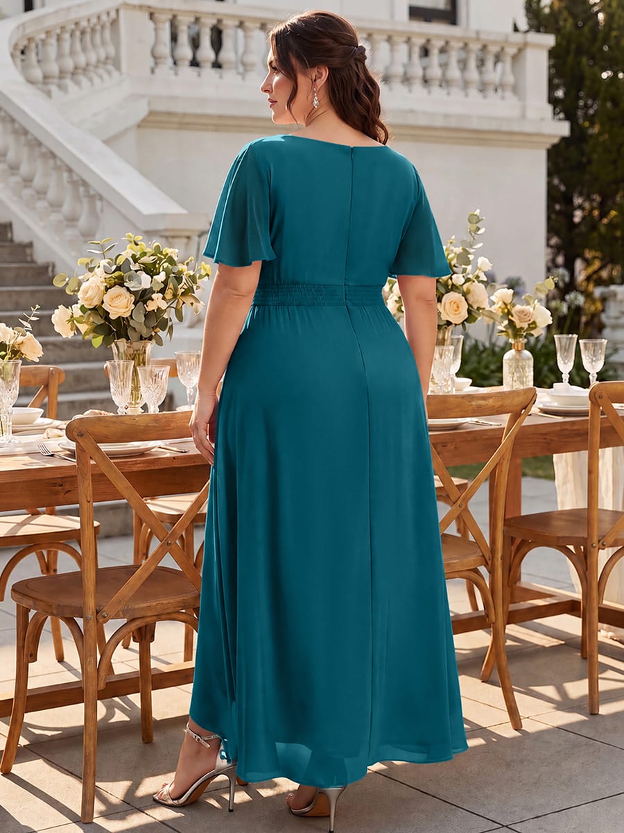 Ruched Chiffon Ruffle Sleeve Dress #color_Teal Blue