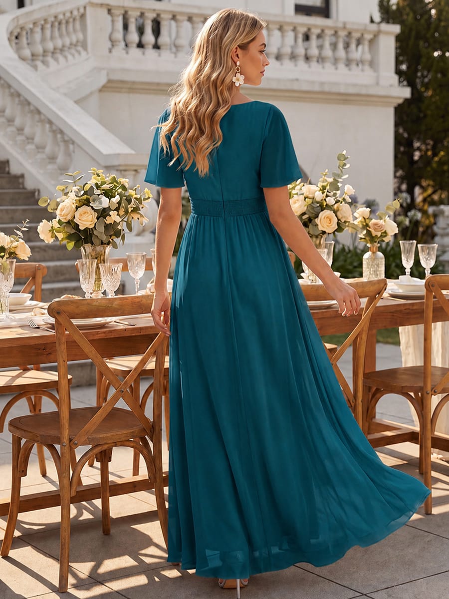 Ruched Chiffon Ruffle Sleeve Dress #color_Teal Blue