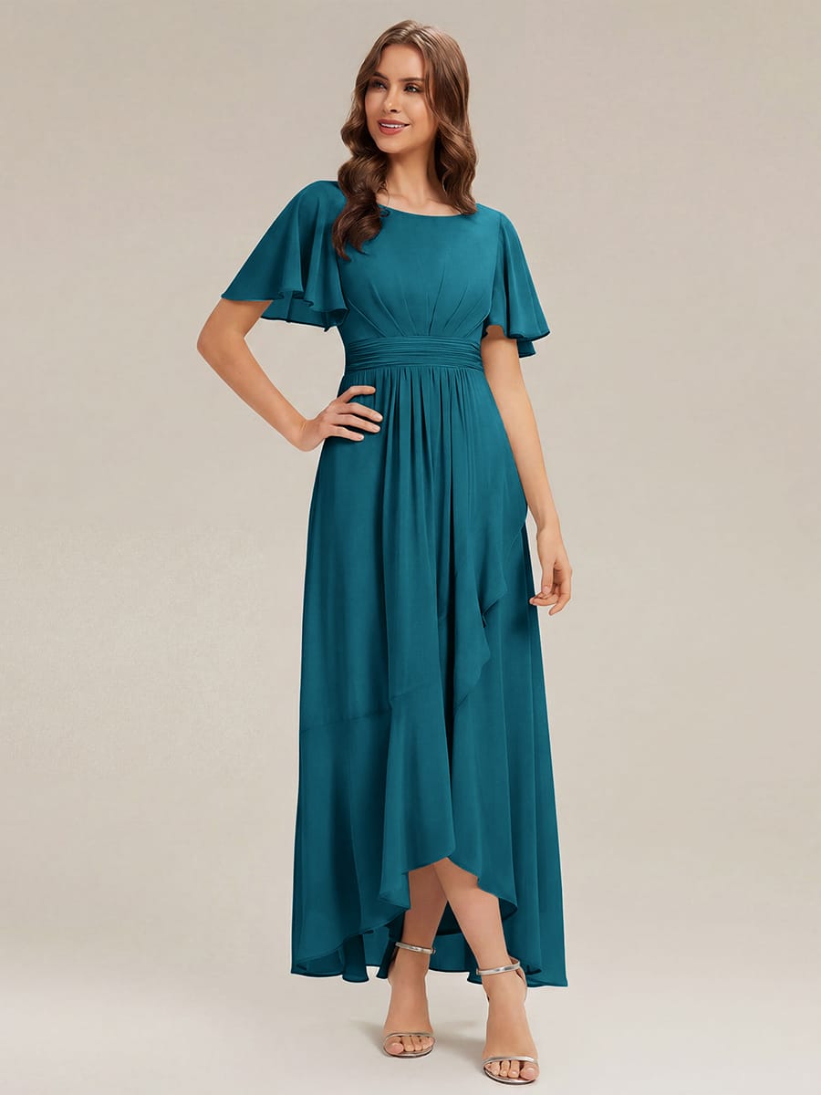 Ruched Chiffon Ruffle Sleeve Dress #color_Teal Blue